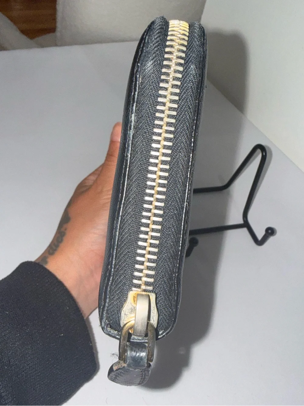 Prada Black Saffiano Leather Zip Wallet with Gold Logo